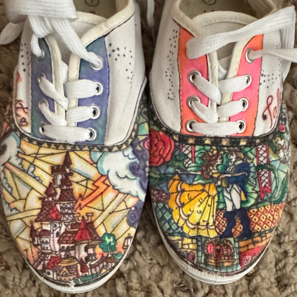 CUSTOM Hand Painted Disney Beauty and the Beast White Sneakers Sz 7